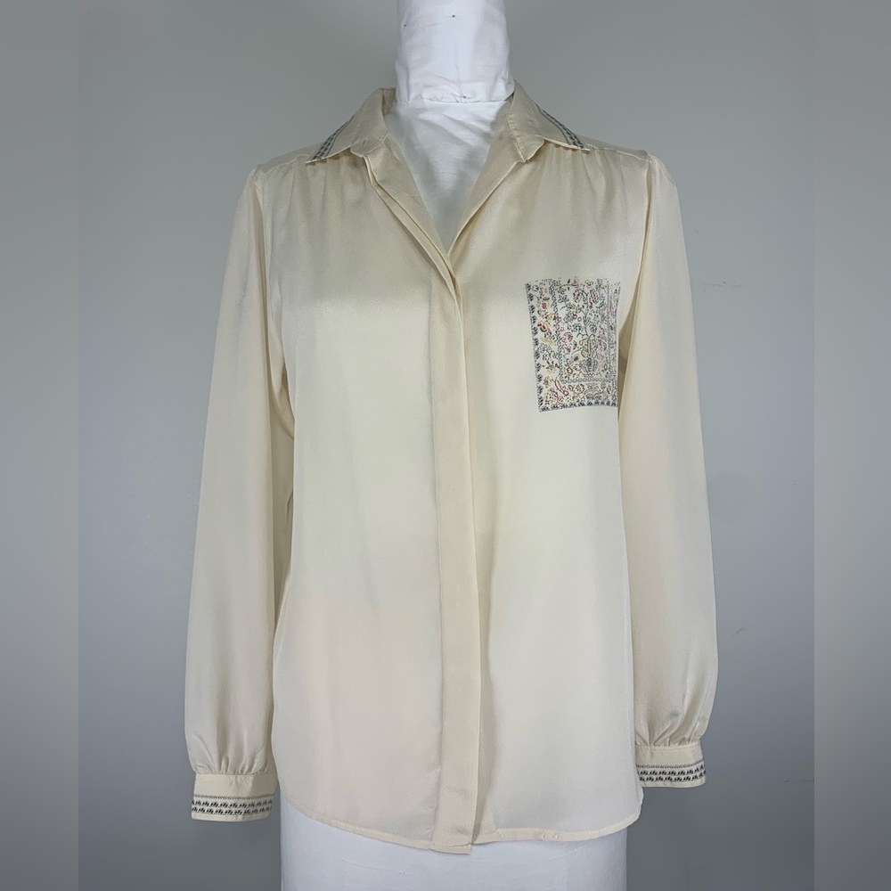 Vintage‎ Serge Nancel Paris Ivory Embroidered Silk-Feel Blouse